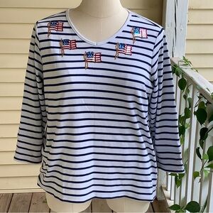 Quacker Factory Striped T-shirt Top XL Sequins USA Patriotic 4th July Blouse